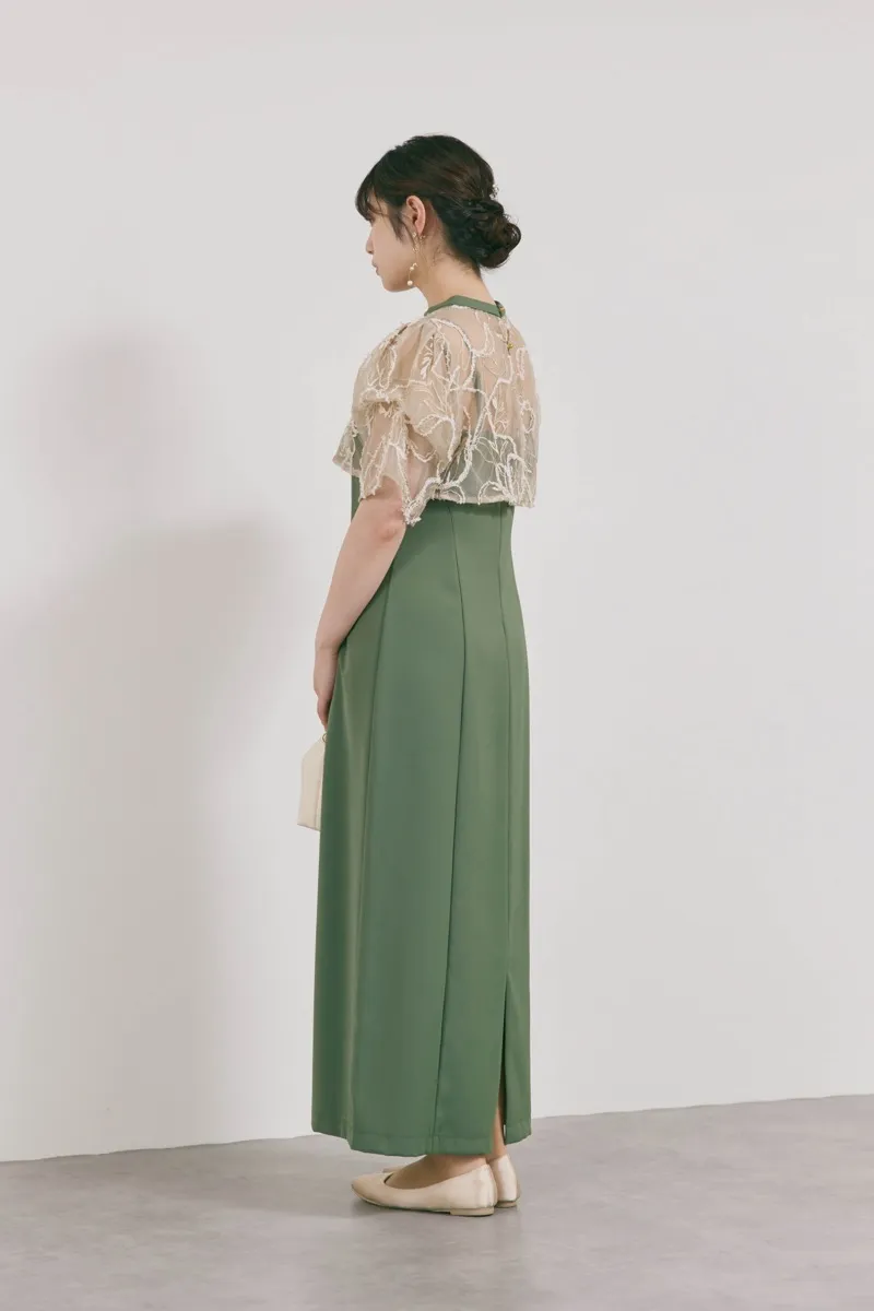 カーキのフラワーモール刺繍ドレス