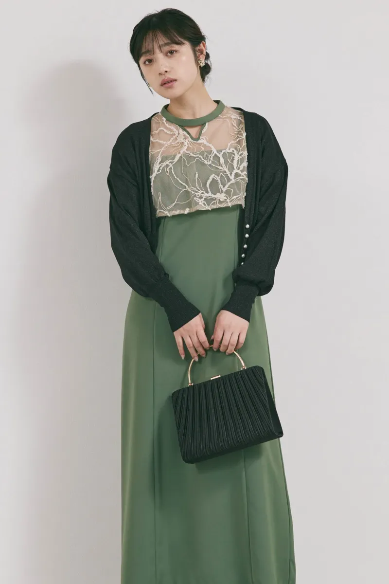 カーキのフラワーモール刺繍ドレス