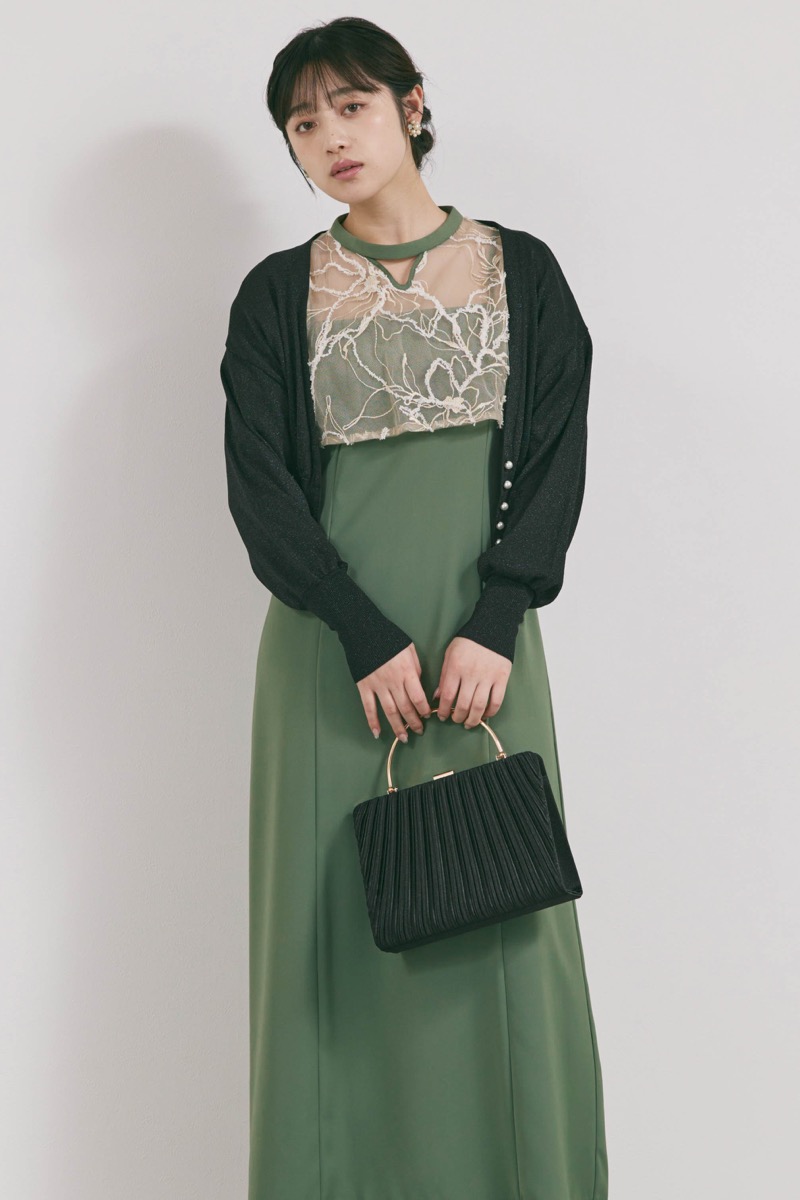 カーキのフラワーモール刺繍ドレス