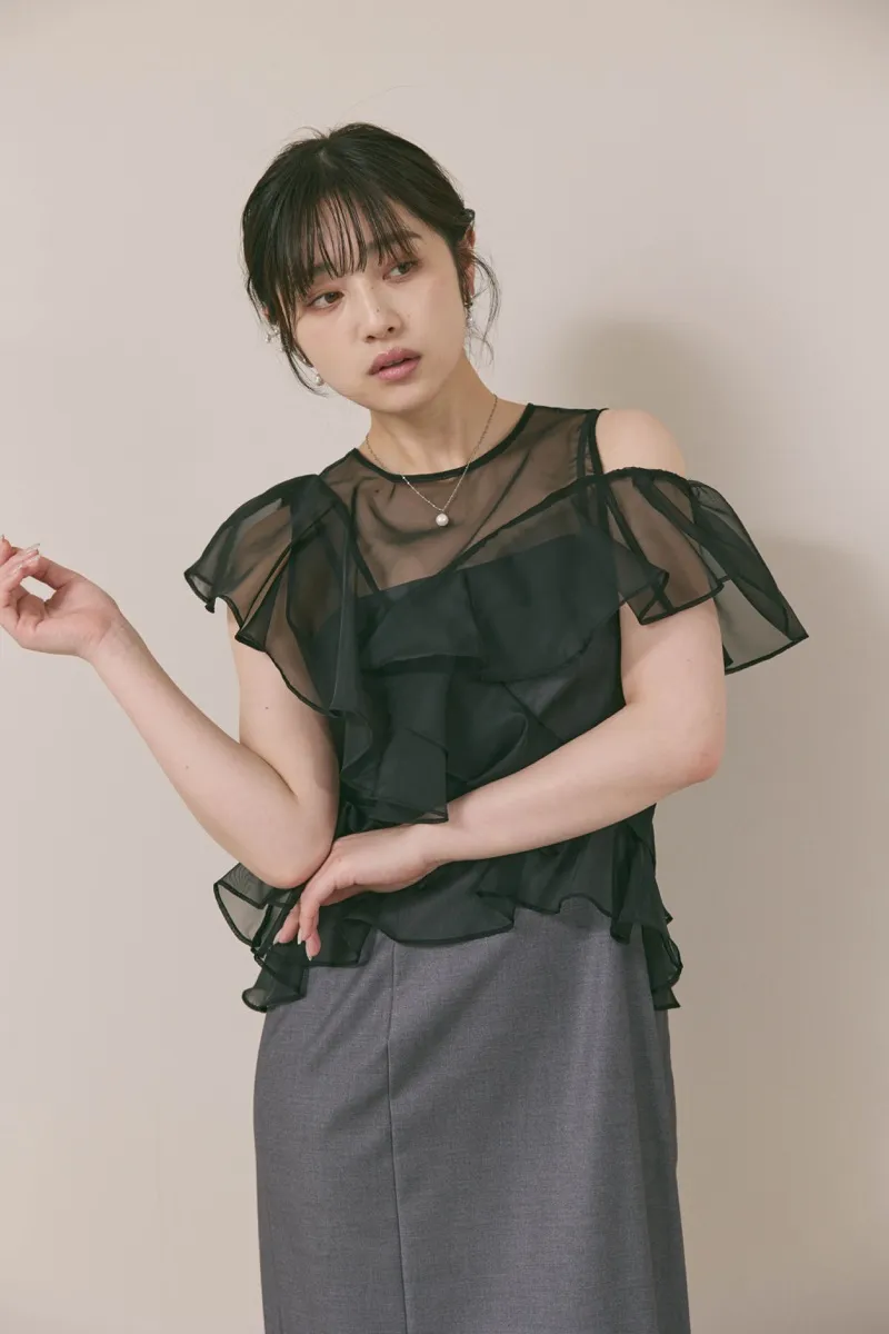 グレー×ブラックのラッフルブラウスセットドレス