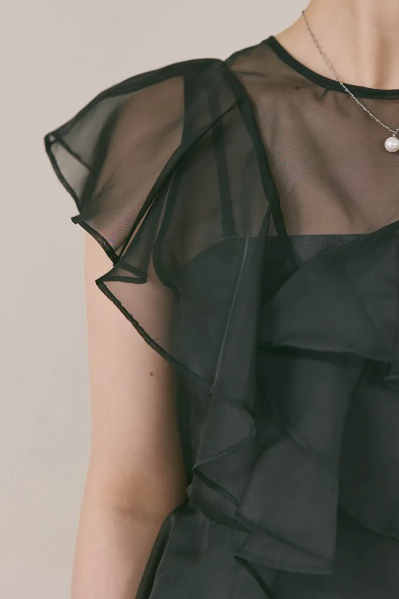 グレー×ブラックのラッフルブラウスセットドレス