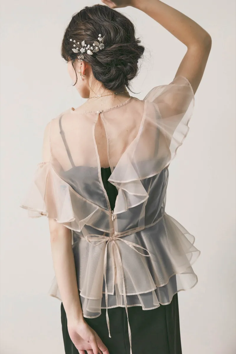 ブラック×アイボリーのラッフルブラウスセットドレス