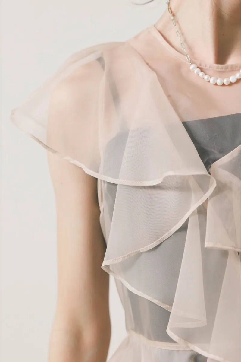 ブラック×アイボリーのラッフルブラウスセットドレス