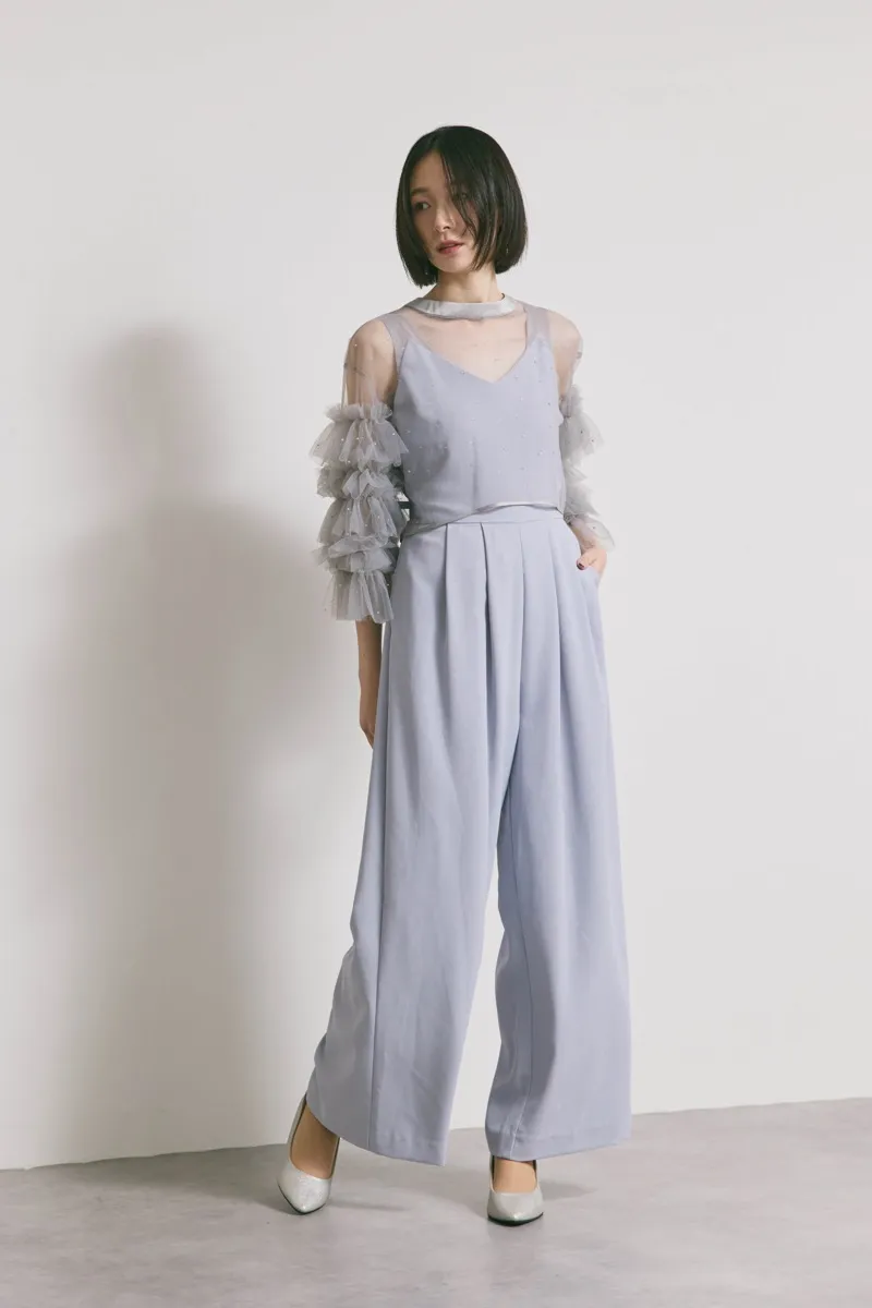 サックスブルーのラッフルトップスパンツドレスドレス