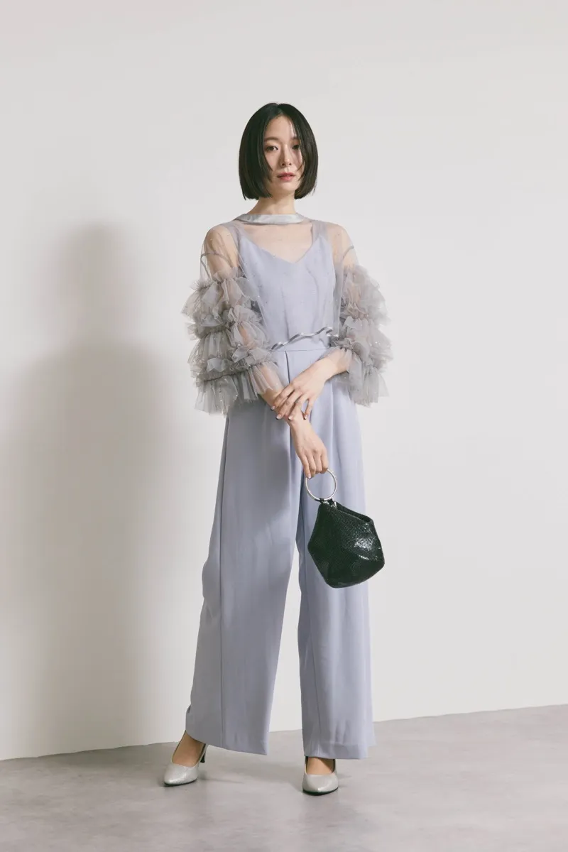 サックスブルーのラッフルトップスパンツドレスドレス