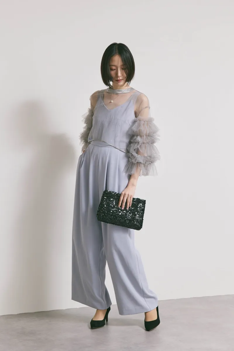 サックスブルーのラッフルトップスパンツドレスドレス