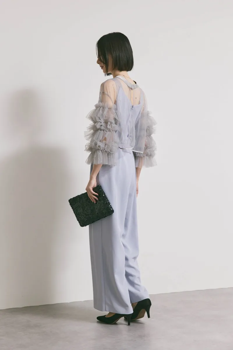 サックスブルーのラッフルトップスパンツドレスドレス