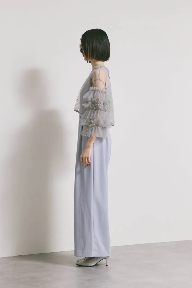 サックスブルーのラッフルトップスパンツドレスドレス