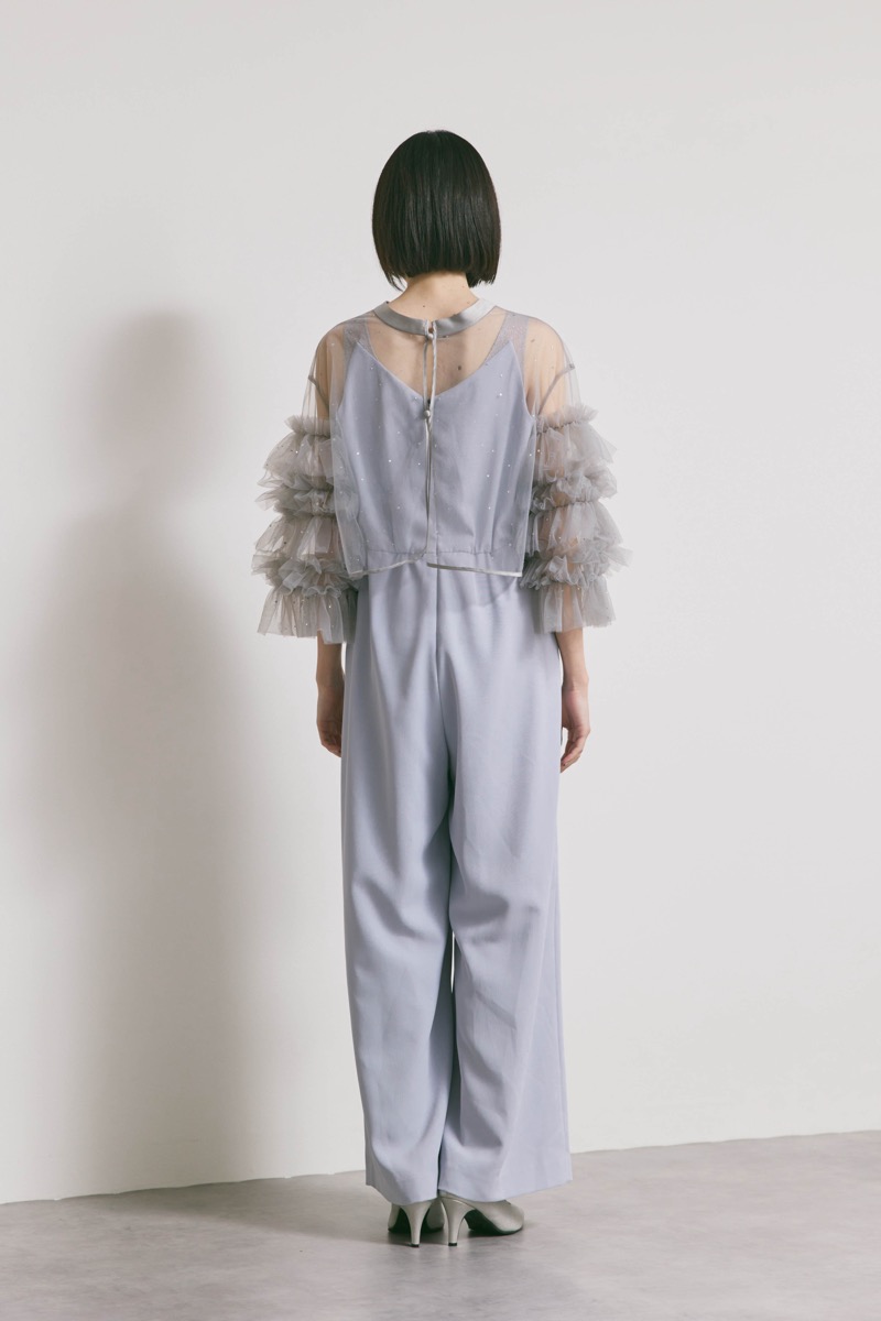 サックスブルーのラッフルトップスパンツドレスドレス