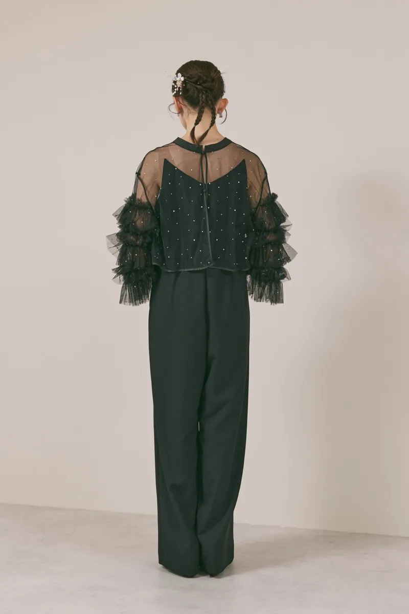 ブラックのラッフルトップスパンツドレス