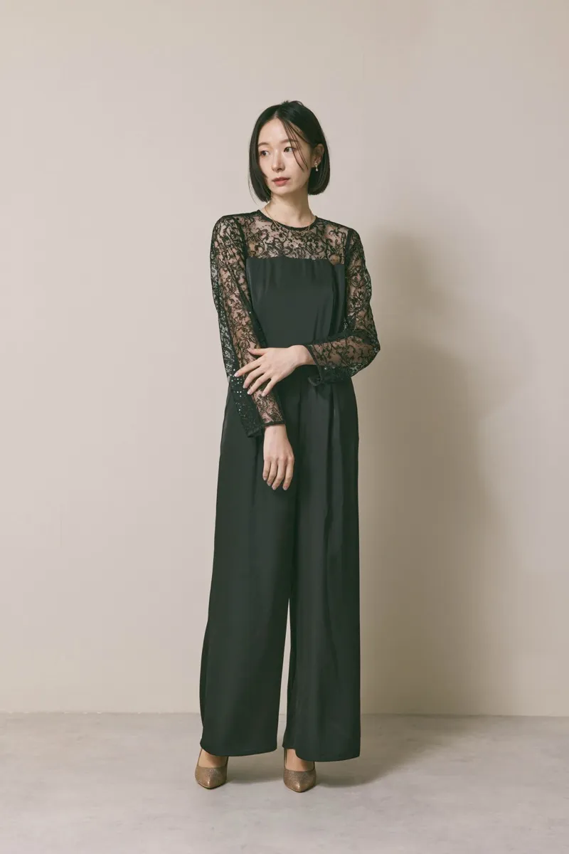 ブラックのシークエンブロイダリーパンツドレス