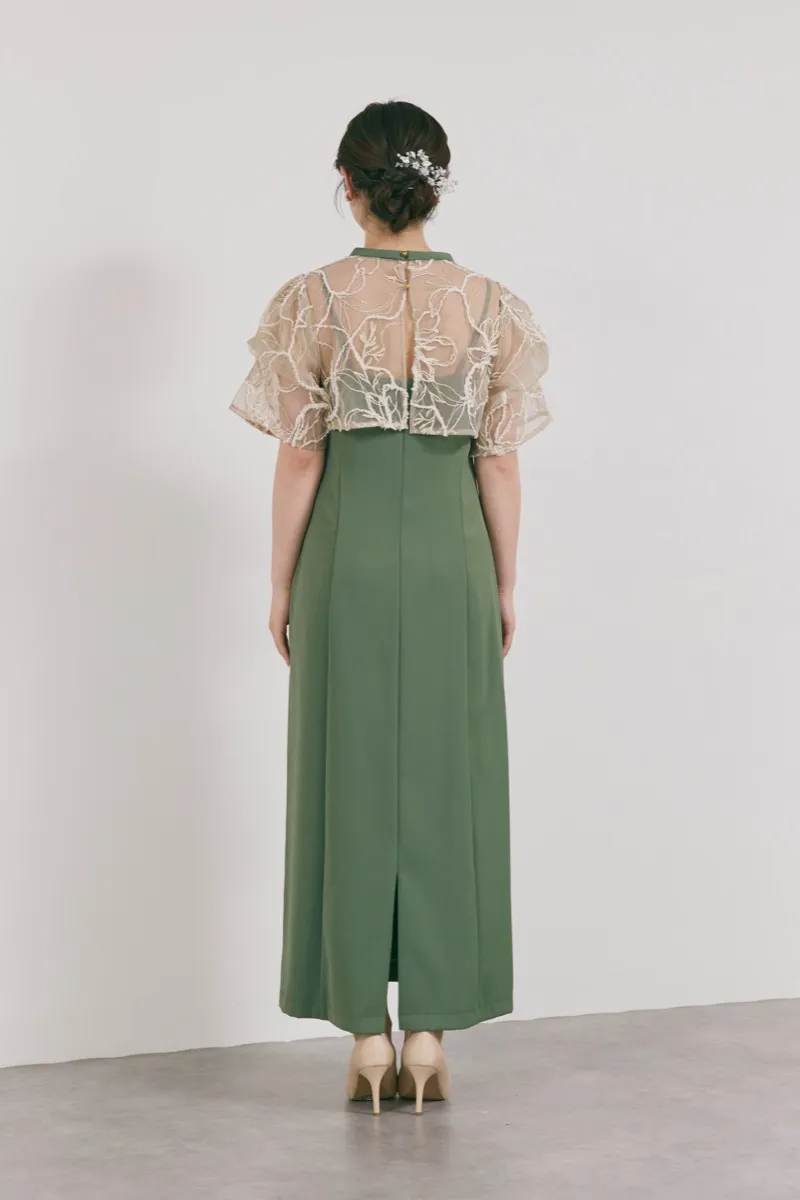 カーキのフラワーモール刺繍ドレス