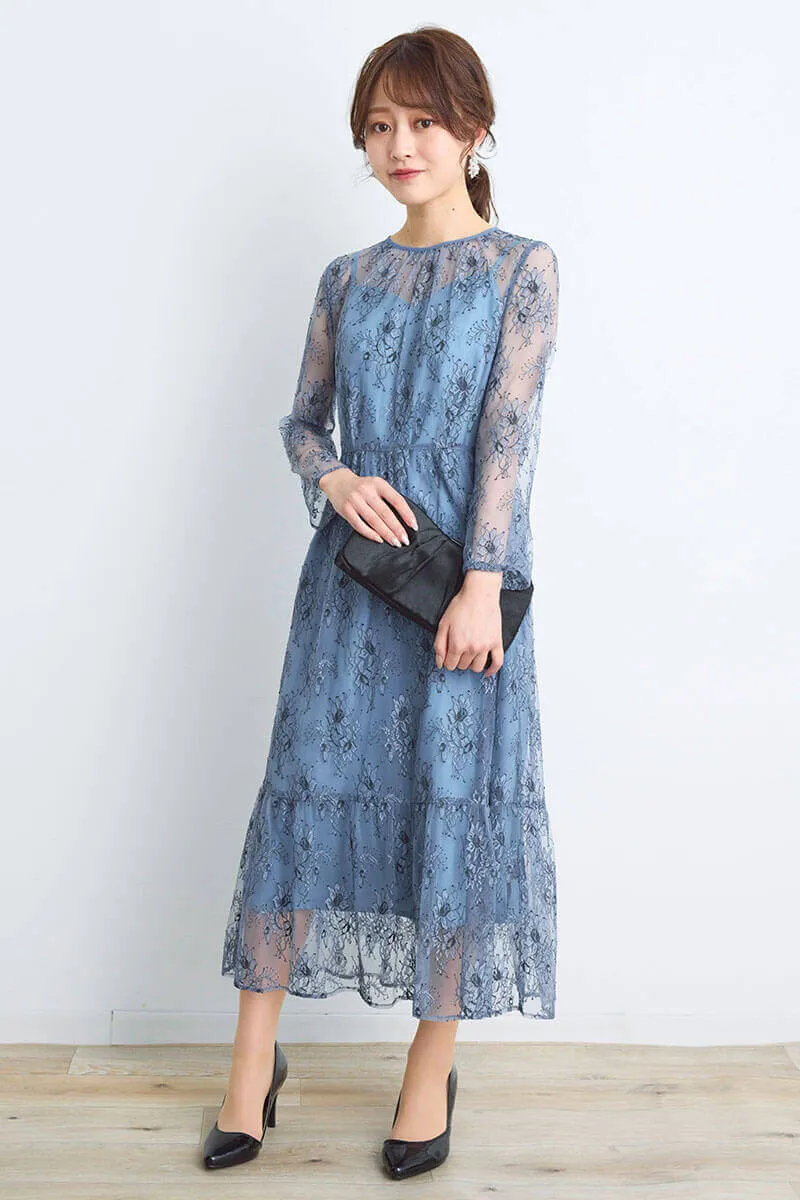 ブルーのオールレース配色ドレス