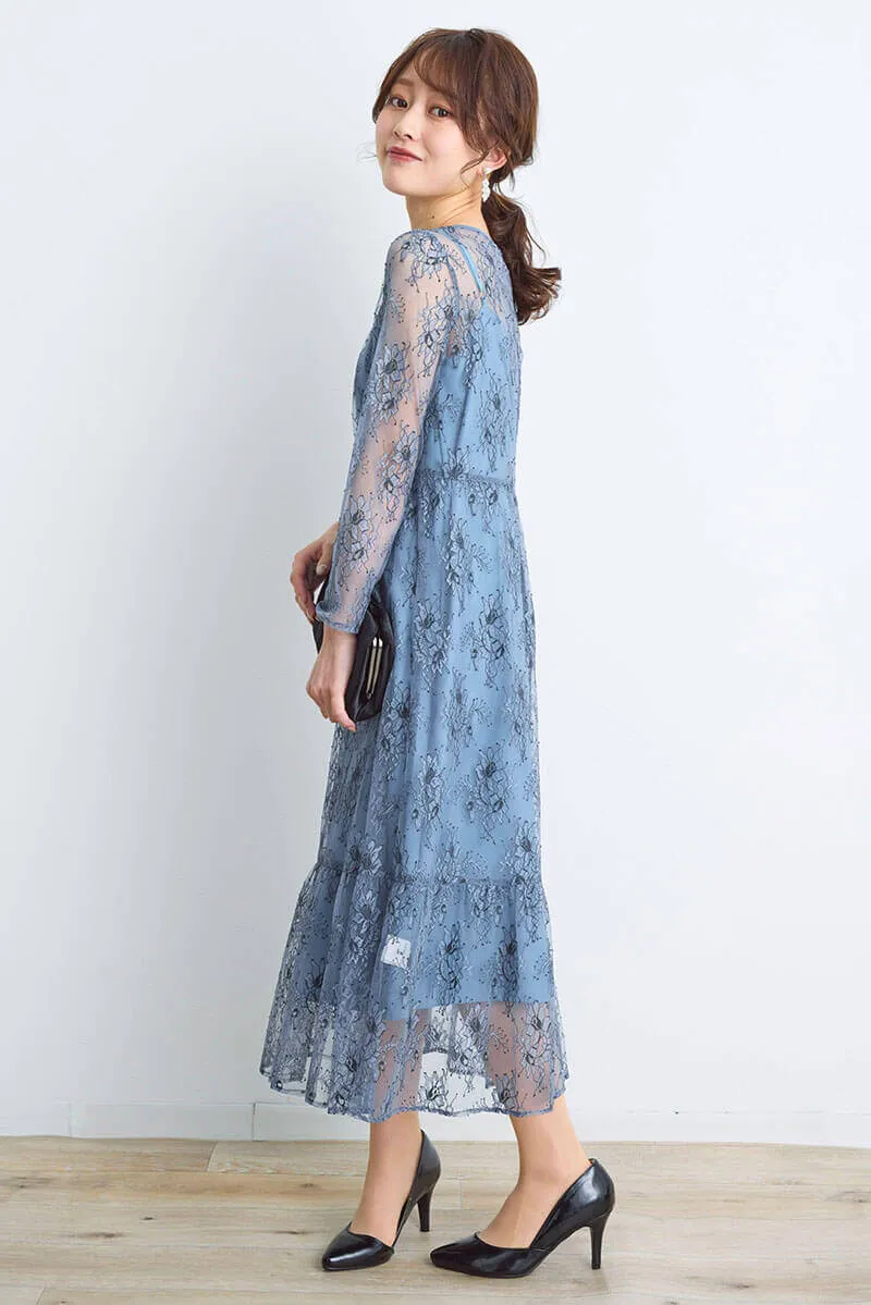 ブルーのオールレース配色ドレス