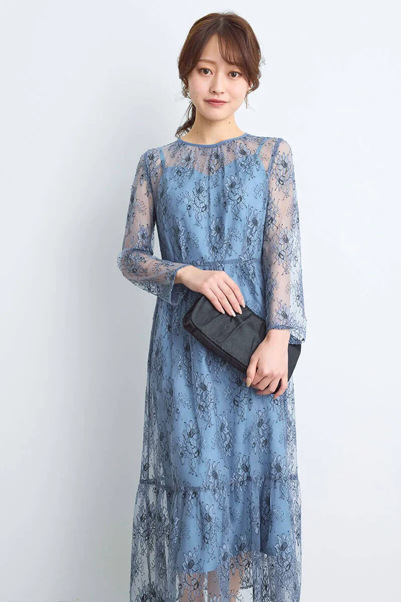 ブルーのオールレース配色ドレス