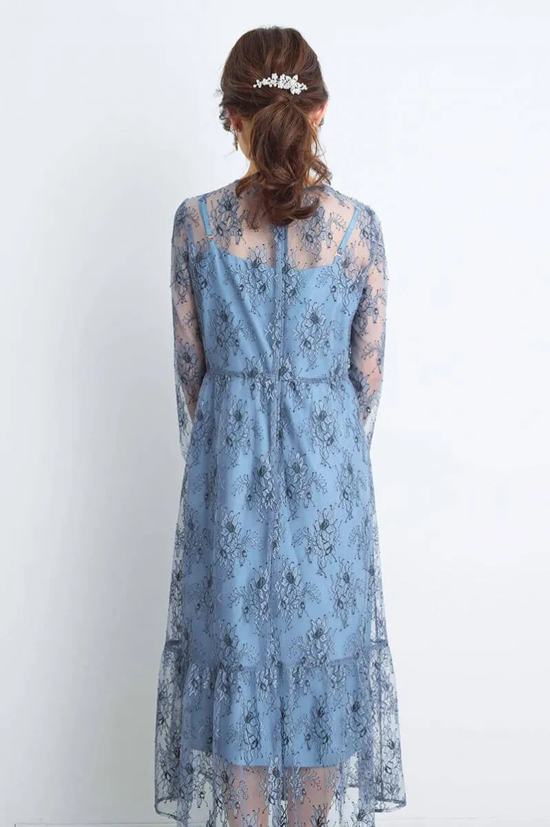 ブルーのオールレース配色ドレス
