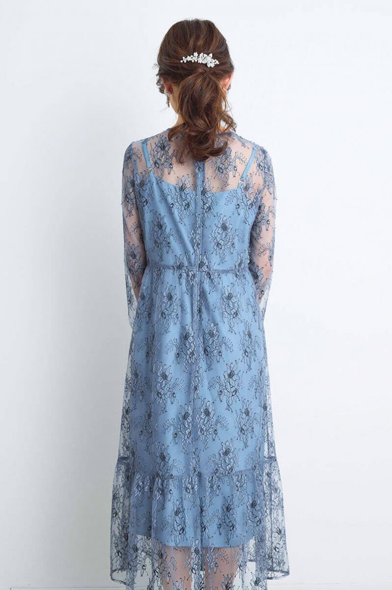 ブルーのオールレース配色ドレス