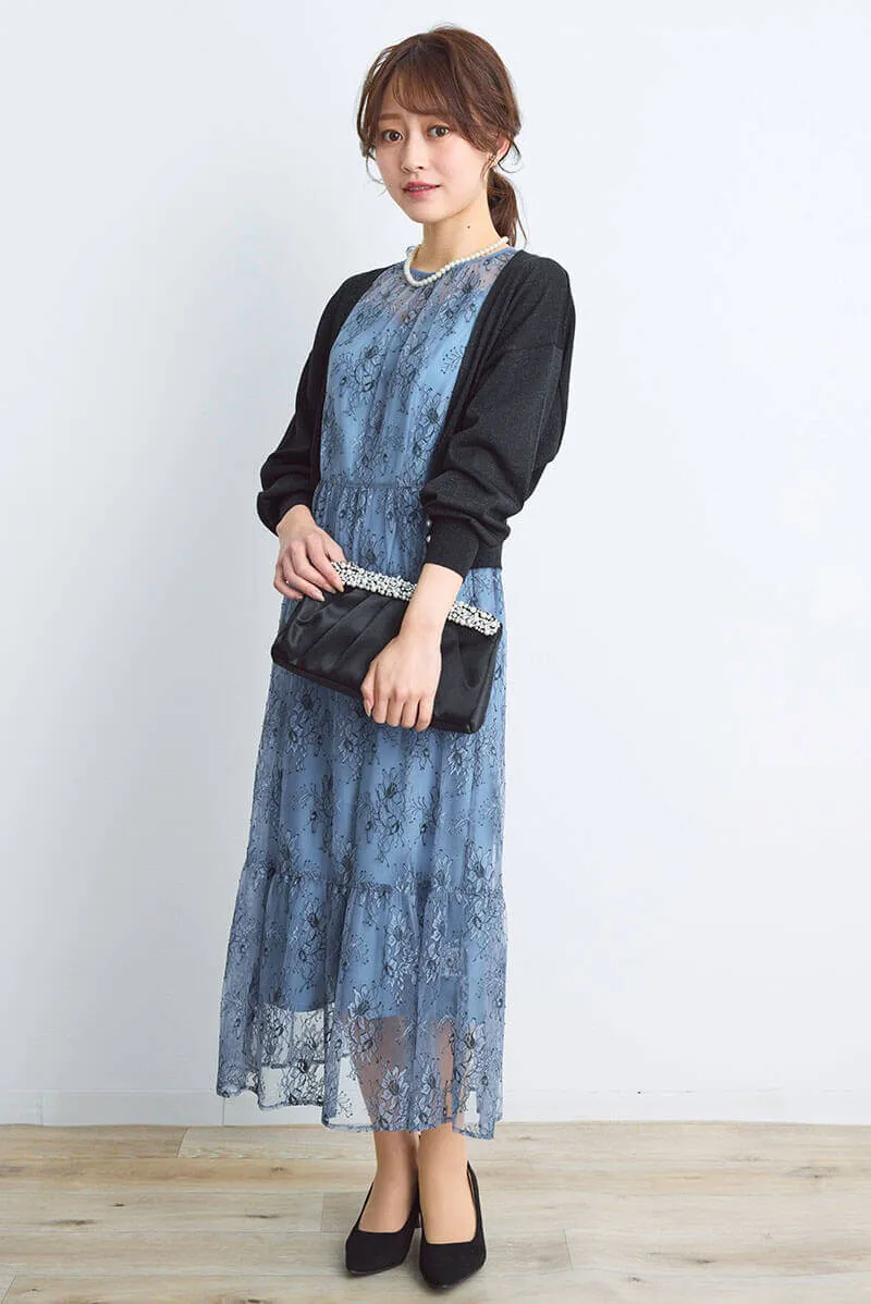 ブルーのオールレース配色ドレス
