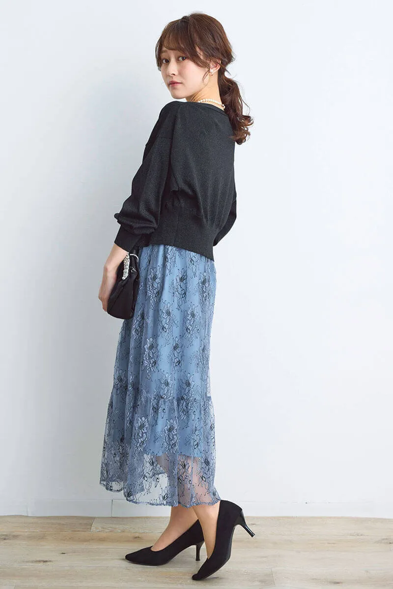 ブルーのオールレース配色ドレス