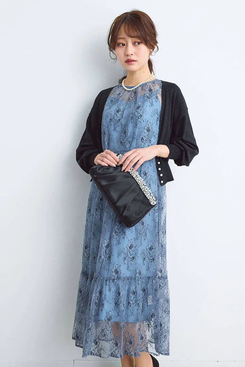 ブルーのオールレース配色ドレス