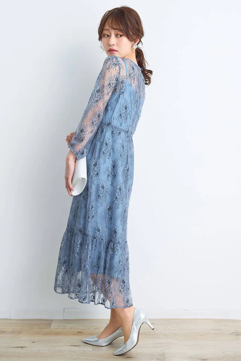 ブルーのオールレース配色ドレス