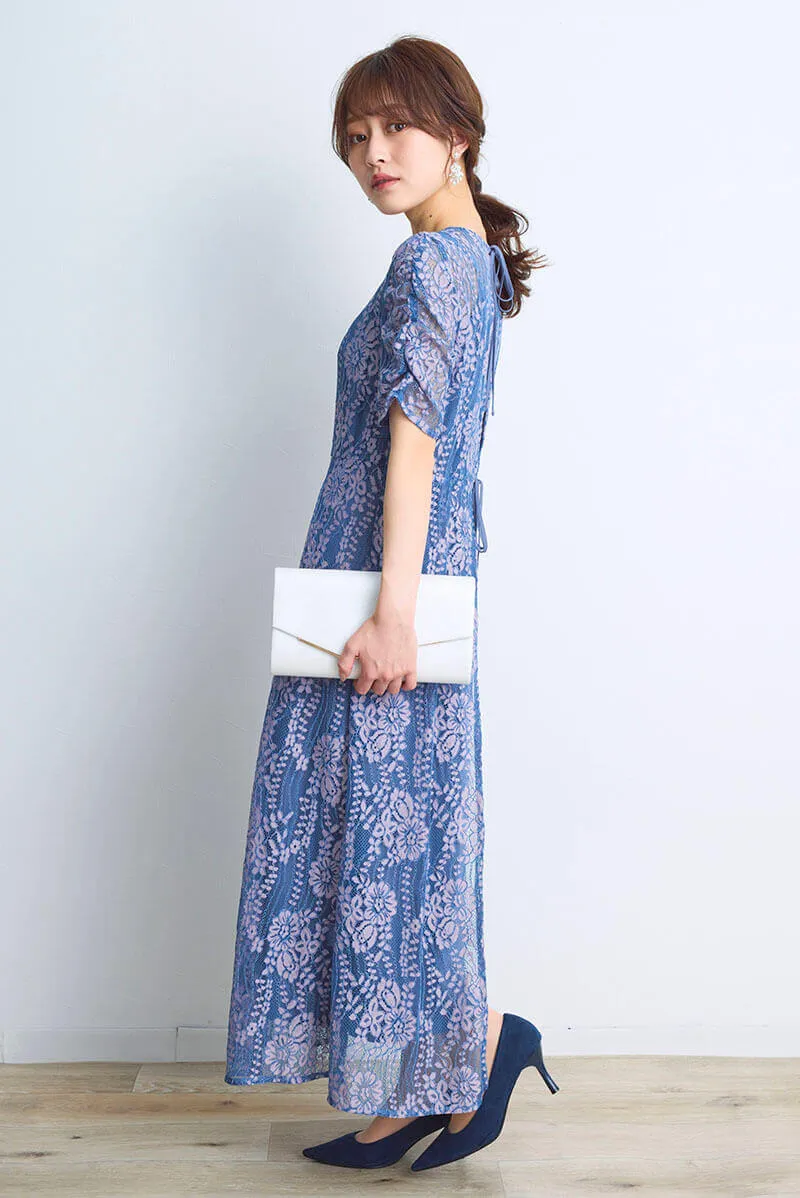 ブルー×ピンクの配色レースエプロンドレス