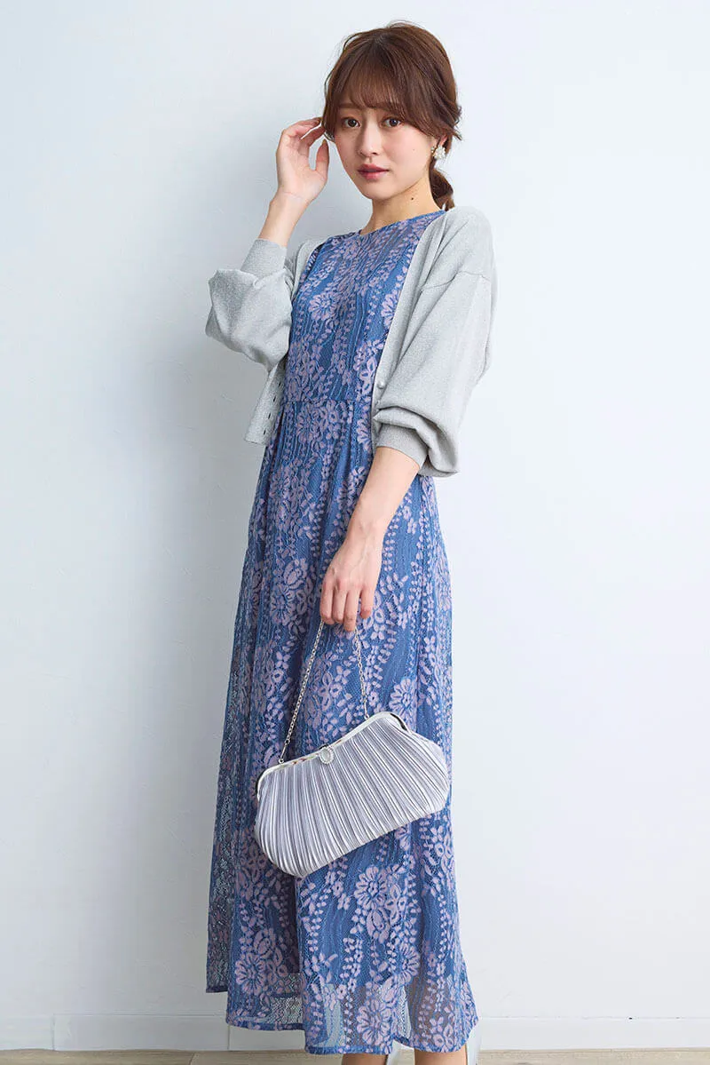 ブルー×ピンクの配色レースエプロンドレス