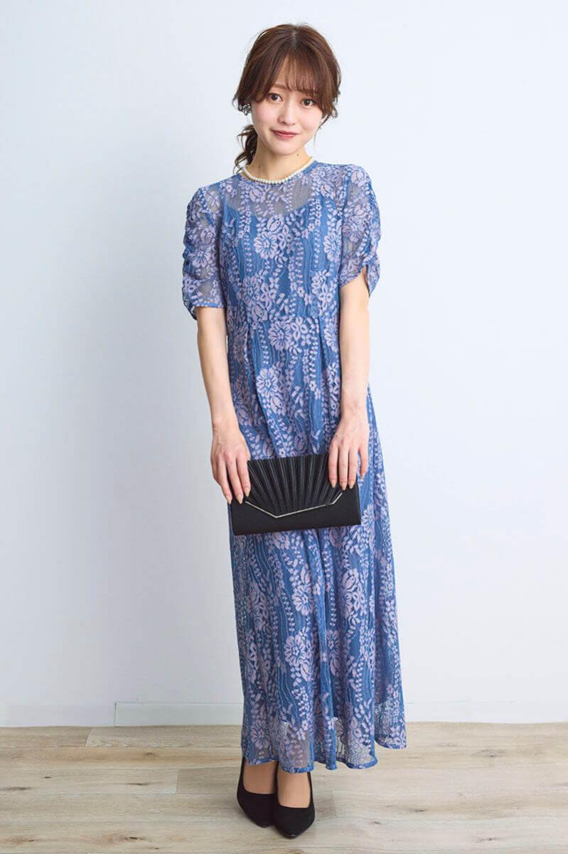 ブルー×ピンクの配色レースエプロンドレス