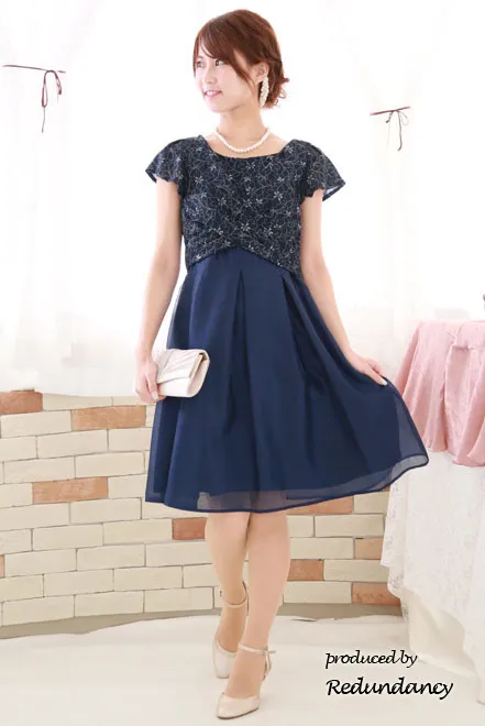 ネイビー×シルバーの花柄クロスドレス