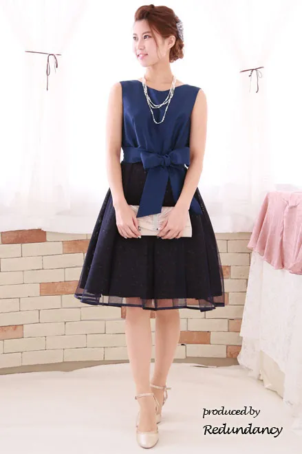 ブルーのシャンタン×チュールフレアドレス