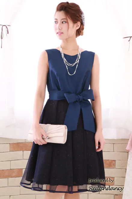 ブルーのシャンタン×チュールフレアドレス