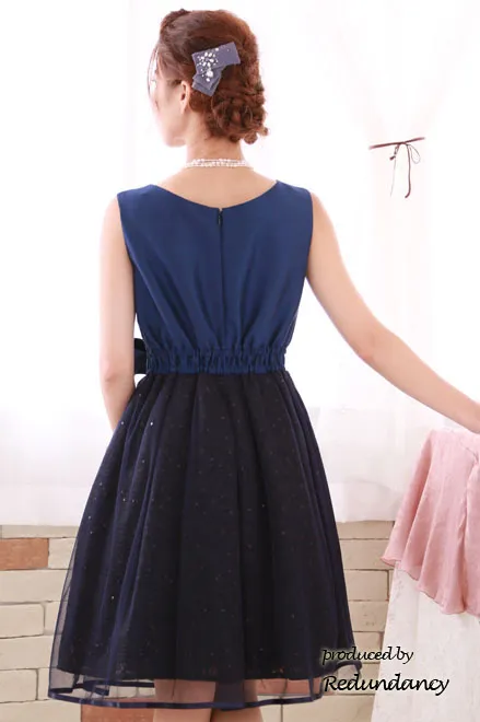 ブルーのシャンタン×チュールフレアドレス