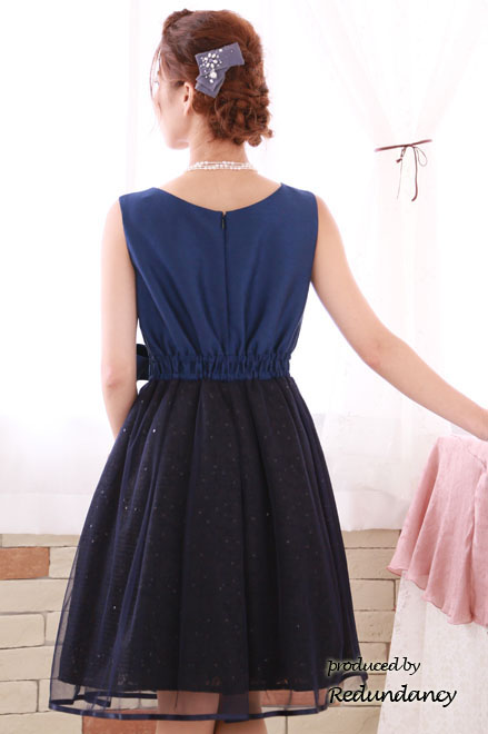 ブルーのシャンタン×チュールフレアドレス