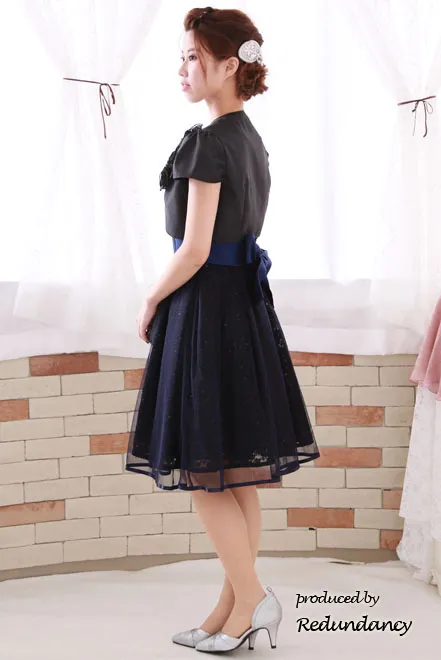 ブルーのシャンタン×チュールフレアドレス