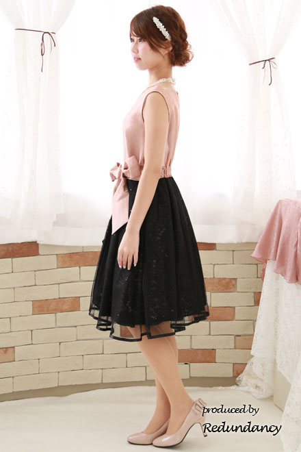 ピンクのシャンタン×チュールフレアドレス