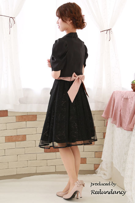 ピンクのシャンタン×チュールフレアドレス