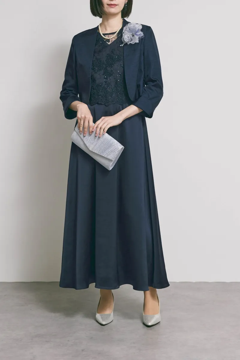 ネイビーのシャイニーレースレイヤードドレス [ 店頭販売価格 49,500円 ]