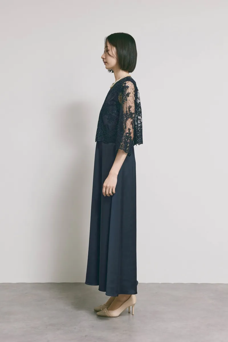 ネイビーのシャイニーレースレイヤードドレス [ 店頭販売価格 49,500円 ]