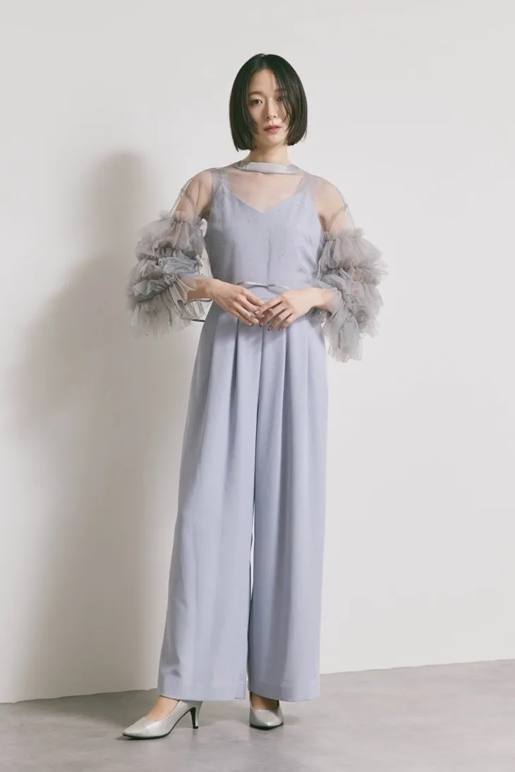 サックスブルーのラッフルトップスパンツドレスドレス[M] Ameri VINTAGE