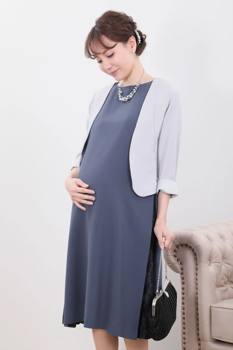 ブルーグレーのリバーシブルケープ袖付きAラインドレス