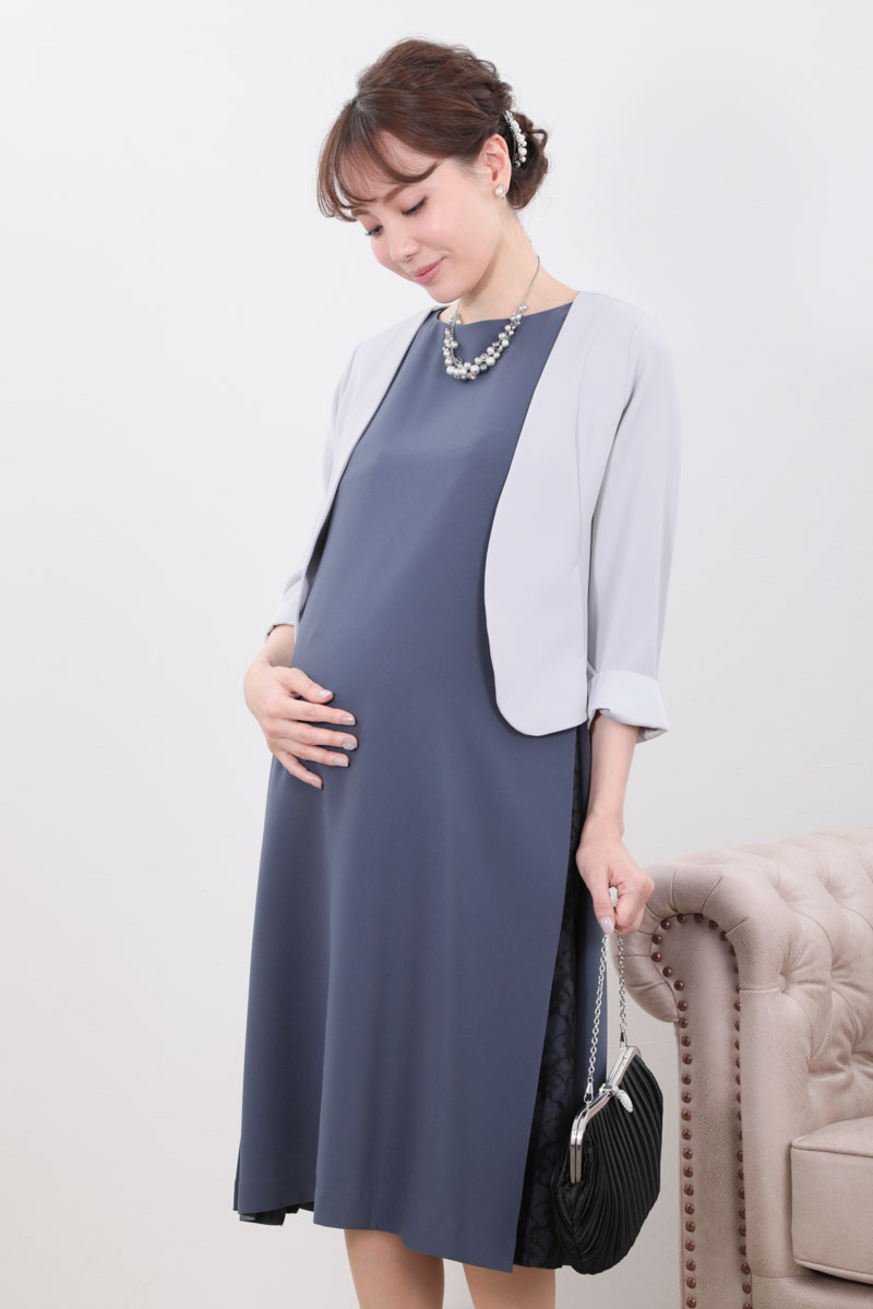 ブルーグレーのリバーシブルケープ袖付きAラインドレス
