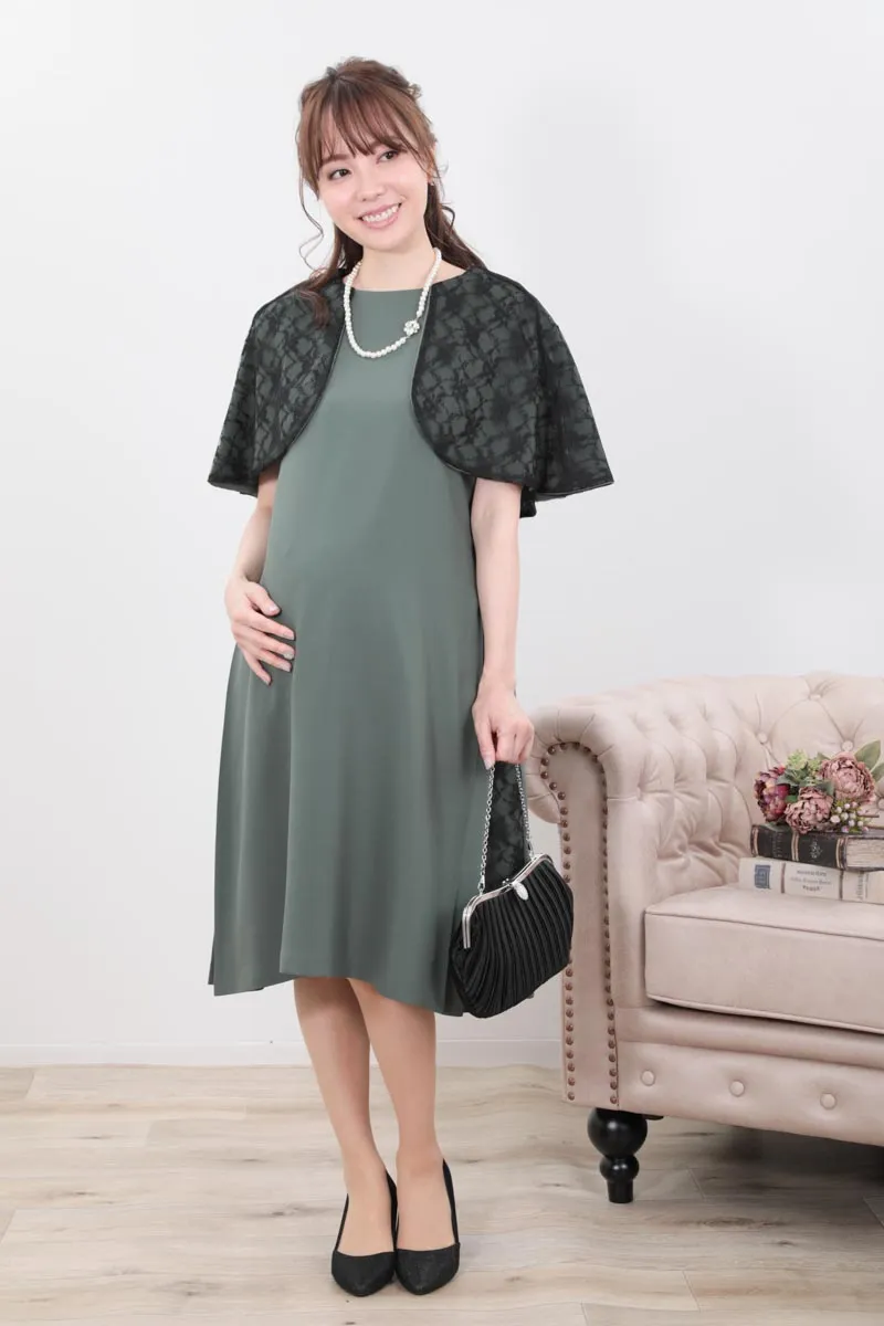 グリーンのリバーシブルケープ袖付きAラインドレス