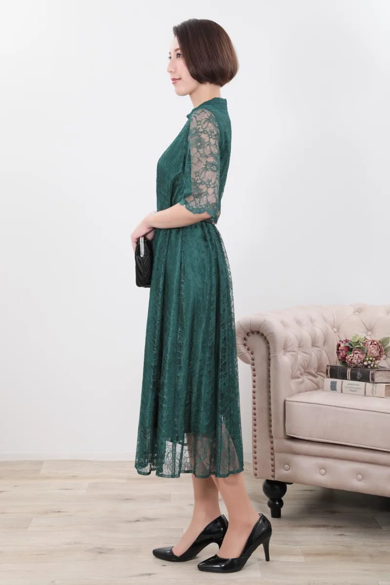 グリーンのプチハイネック総レースドレス