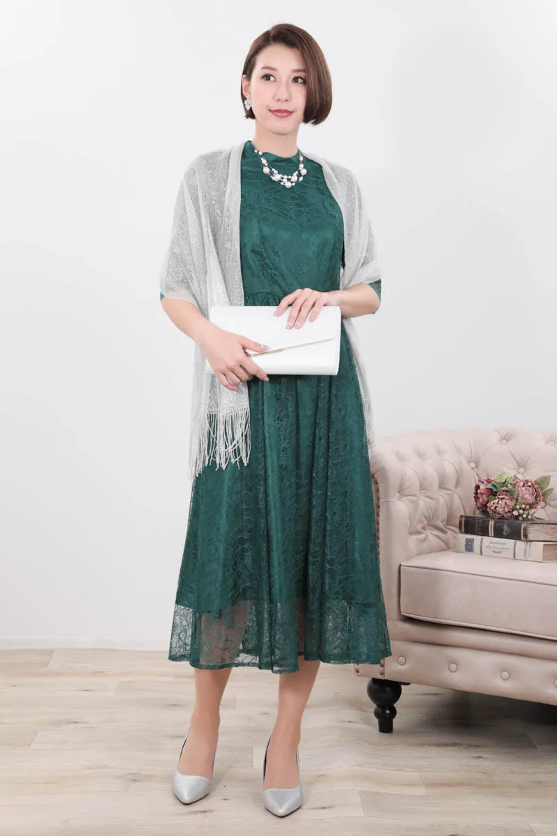 グリーンのプチハイネック総レースドレス