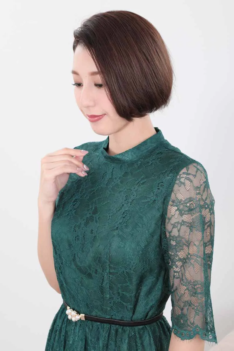 グリーンのプチハイネック総レースドレス