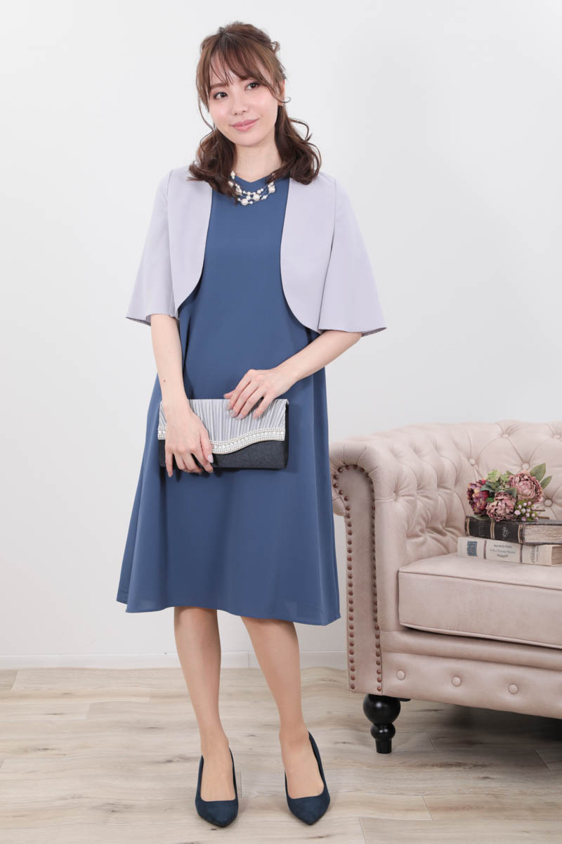 ブルーのフレアレーススリーブAラインドレス