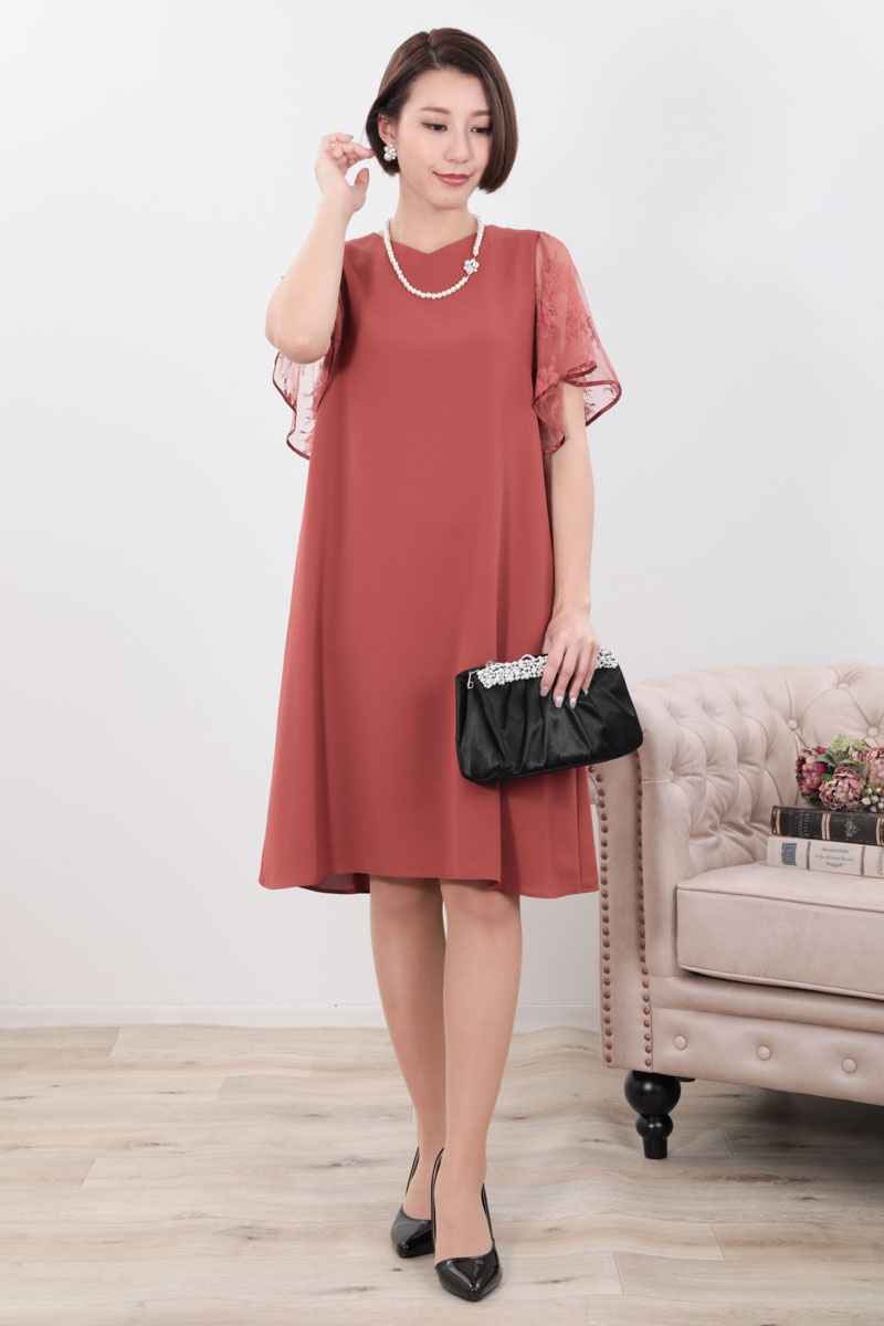 オレンジのフレアレーススリーブAラインドレス