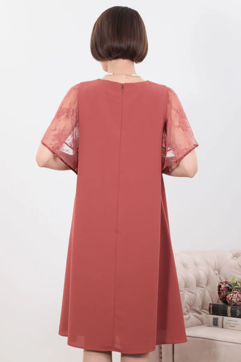 オレンジのフレアレーススリーブAラインドレス