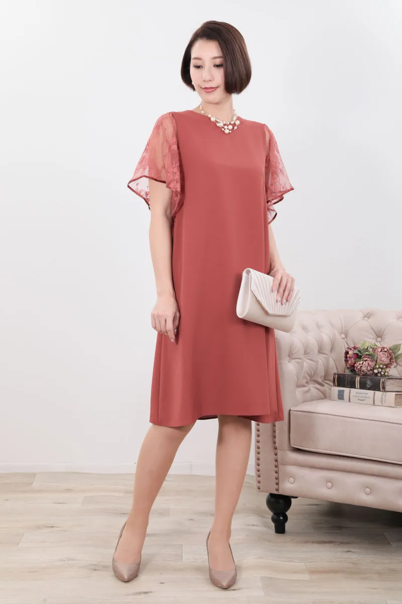 オレンジのフレアレーススリーブAラインドレス