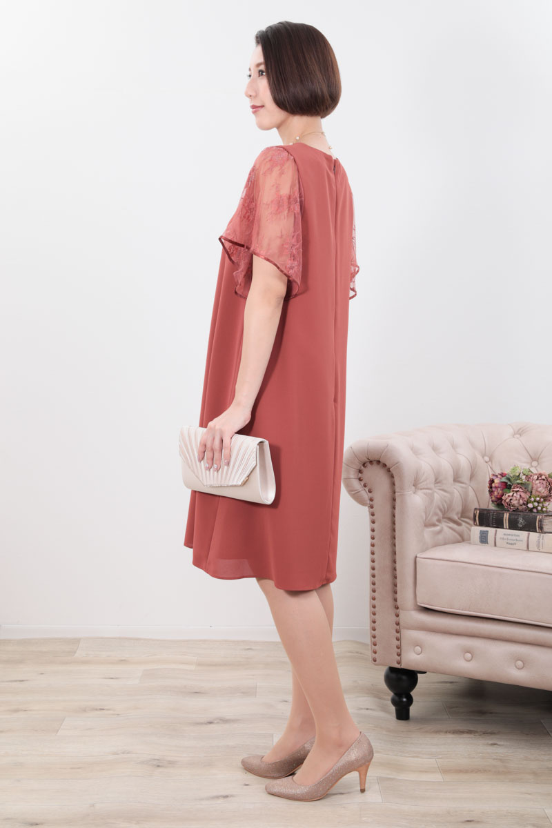 オレンジのフレアレーススリーブAラインドレス